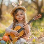 Kind mit Gitarre in der Hand und Osterdeko im Hintergrund