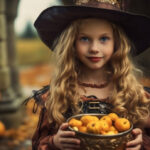 Kleines Mädchen in Hexenkostüm mit einem Korb voller Kürbissen in der Hand